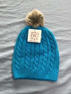 Hanna Andersson Kids Teal Blue Cable Knit Pom Pom Beanie Hat Size L